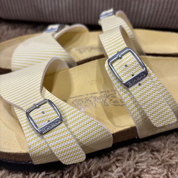 Birki's by Birkenstock Aziza Yellow & White Stripes Double Strap Slides Sandals - Picture 13 of 13